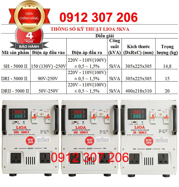 HÌNH ẢNH KÍCH THƯỚC TRỌNG LƯỢNG ỔN ÁP LIOA 5KVA CỤ THỂ