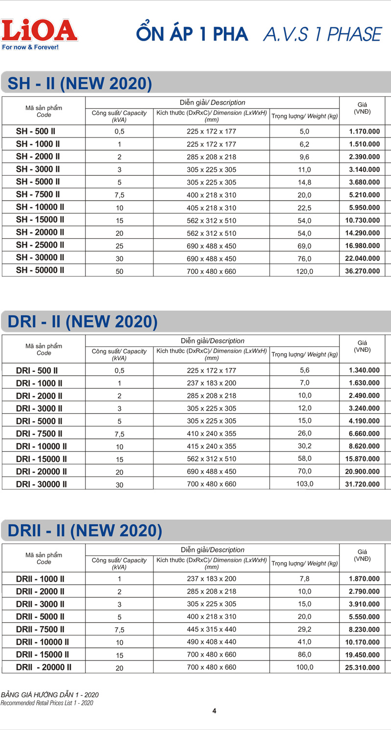 Bảng giá ổn áp lioa 1 pha-new2020